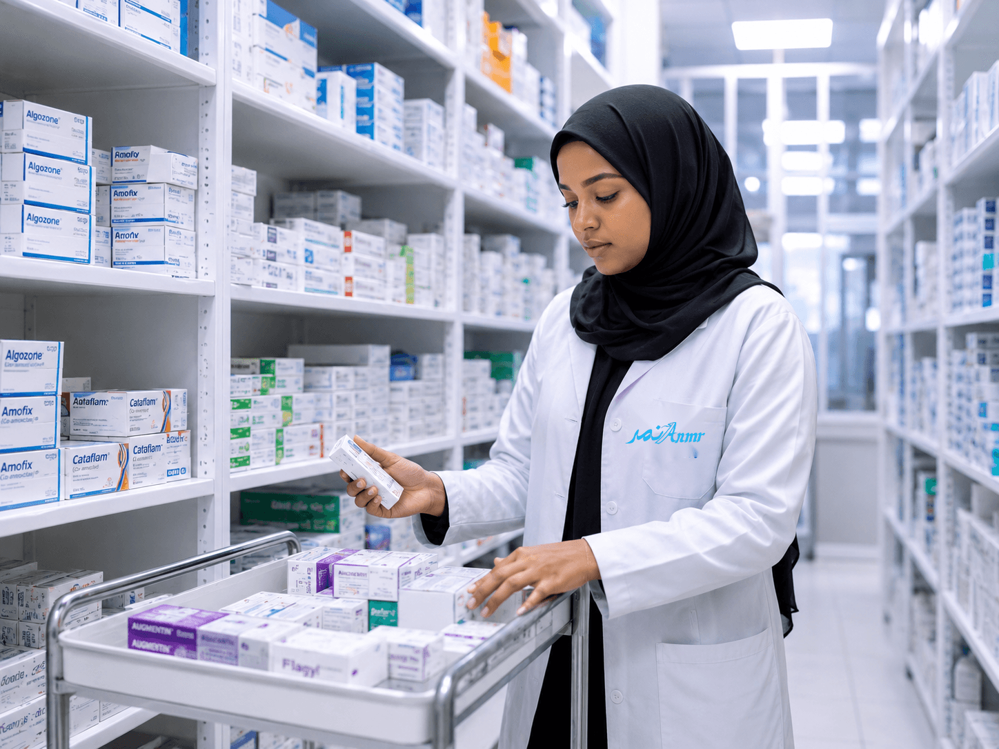 ANMR pharmacist organizing medicine on a cart inside the warehouse